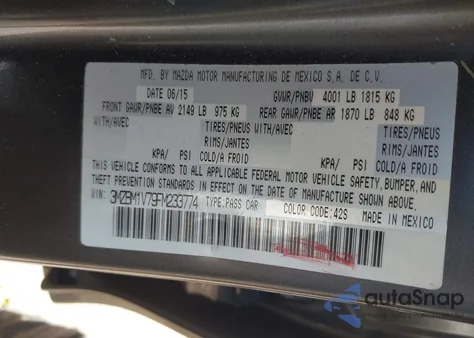 2015 Mazda Mazda3 I Touring z USA, uszkodzony, nr VIN 3MZBM1V79FM233774